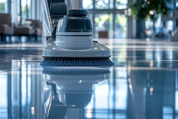 A professional-grade floor scrubber machine cleaning a glossy office floor.