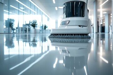 A professional-grade floor scrubber machine cleaning a glossy office floor. Soft reflections and bright, well-lit workspace.