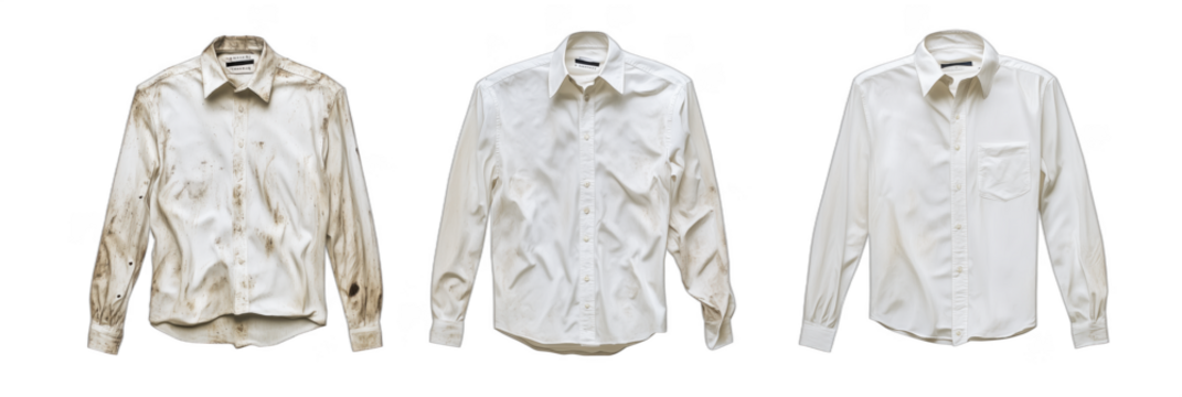Comparison of three white dress shirts showing varying levels of dirt and stains, isolated on transparent background