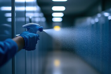 A disinfecting spray being applied to a restroom stall door, ensuring hygiene and cleanliness in a commercial setting. Bright lighting.