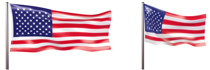 American flag waving in the wind, showcasing stars and stripes design, isolated on transparent background