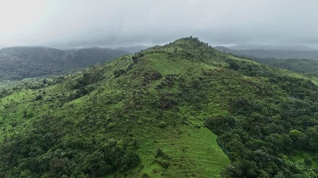 A tilt-up drone view of a large, lush green mountain under a misty, cloudy sky in winter