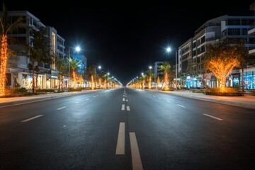 Fototapeta premium Nighttime view of a beautifully lit boulevard lined with trees and shops in a modern urban area