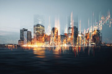 Obraz premium Double exposure: urban expansion highlighted by digital growth. Digital transformation. Navigating infrastructure growth: strategic financial roadmaps in construction. Economic forces.