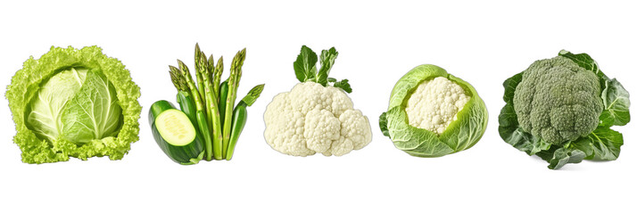 Fresh assorted vegetables including cabbage, asparagus, cauliflower, and broccoli, isolated on transparent background
