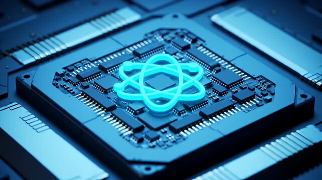 Close Up of Electronic Circuit Board with Blue Atom Symbol Illuminating The Center in Dark Background Highlighting Modern Technology And Quantum Computing