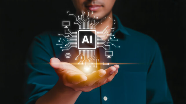 Person holding digital ai circuit board artificial intelligence