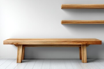 Wooden bench and shelves placed against a clean, white wall in a modern interior design setting