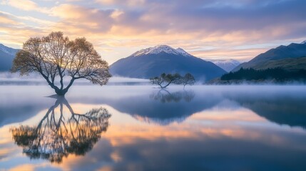Obraz premium A serene lake with gentle fog rising off the water at sunrise
