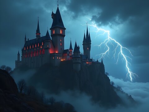 Gothic Castle on a Cliff Under Lightning Storm - Powered by Adobe