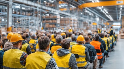 Warehouse workers wearing vests attend safety training or a company meeting. Illustrates employee training, labor, or supply chain related topics.