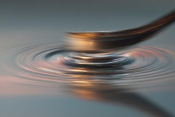 Rippling water disturbed by a spoon creates mesmerizing circular patterns in soft lighting