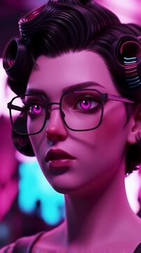 Anime Style Young Woman with Pink Eyes in Retro Hair Curlers and Black Glasses with Neon Background