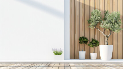 Modern patio with wooden wall and white pots, peaceful outdoor space with green plants and natural light creating calm and inviting atmosphere for relaxation and enjoyment
