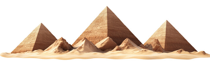 Pyramids in desert landscape with sand dunes and mountains, isolated on transparent background