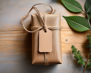 Vintage brown paper gift box with a red ribbon and bow on a rustic wooden background, perfect for Christmas, birthday, or Valentine's Day