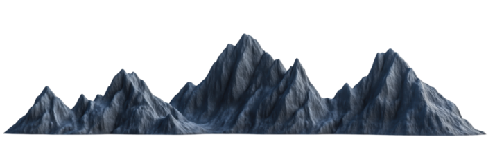 3D mountain range model with rugged peaks and textured surfaces for design projects, isolated on transparent background