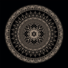 Decorative gold round frame for design with Greek key, meander. Circle frame. Egyptian, Assyrian, Greek motif circular frame. Template for textiles, engraving, forging, embroidery, porcelain