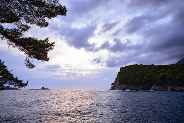 An idyllic seascape showcasing a calm ocean bordered by lush forested cliffs, under soft, dramatic...