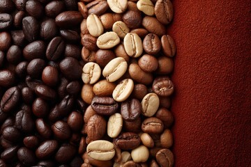 Fototapeta premium Various types of coffee beans and ground coffee display rich textures and colors in a close-up view on a wooden surface