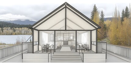 Exterior sketch of a modern home with a lake view.