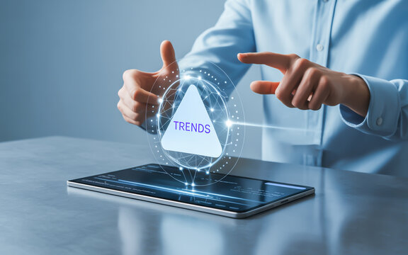 Person interacting with holographic trends data hands