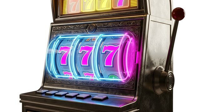 Vintage slot machine with neon 777 symbols showing a winning line. Casino game concept for entertainment and gambling. - Powered by Adobe