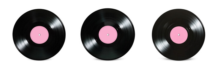 Vinyl records collection with pink labels on white background, isolated on transparent background