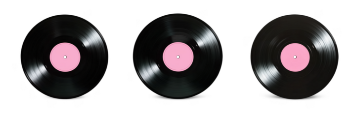 Vinyl records collection with pink labels on white background, isolated on transparent background