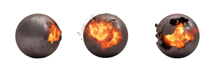 Explosive metal spheres with fiery explosions and damage effects in three stages, isolated on transparent background