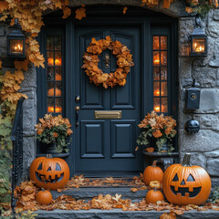 Obraz premium Pumpkins and lanterns adorn black front door.