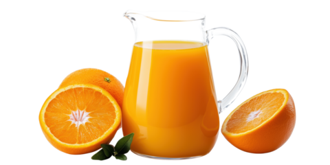 Freshly Squeezed Orange Juice in Glass Pitcher with Whole and Halved Oranges, isolated on transparent background