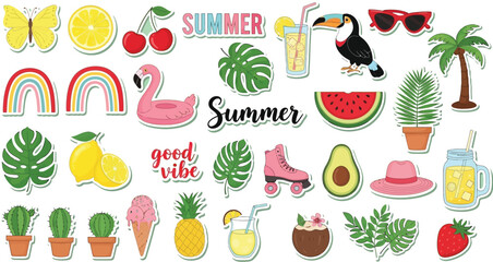 Obraz premium Collection of summer themed stickers with tropical and fun elements