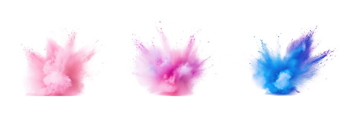 Colorful powder explosions in pink, purple, and blue against white background, isolated on transparent background