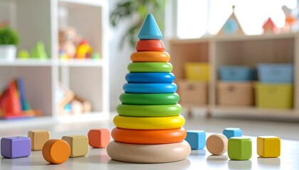 Colorful stacking rings toy in a playroom