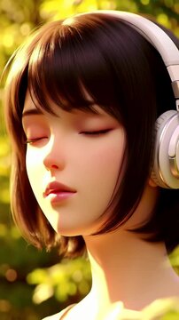 Anime Young Woman with Headphones Meditating in Green Foliage Golden Light Peace Illustration Manga Digital Art for Serene Wallpaper