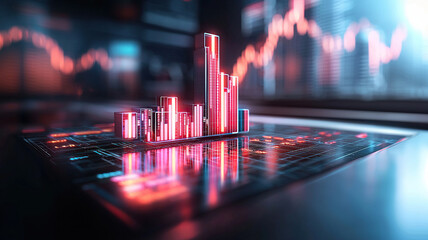 High tech glowing marketing data visualized in 3D with vibrant colors and intricate details, showcasing futuristic cityscape and digital graphs. This captures essence of modern analytics