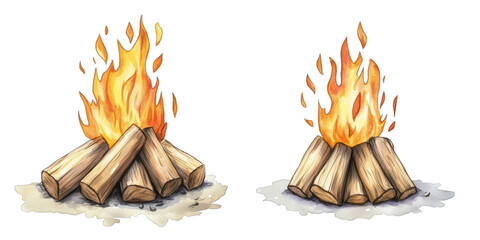 Realistic campfire illustration with vibrant flames and detailed logs, isolated on transparent background
