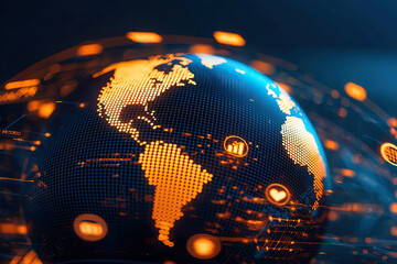 Glowing globe with digital connections, showcasing global marketing strategies and data visualization, representing innovation and technology in modern world