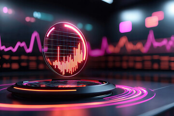 Glowing holographic performance metric display showcases vibrant data visualizations in modern digital environment, emphasizing technology and innovation