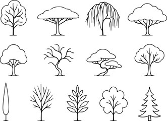 Collection of twelve diverse hand drawn black and white outline tree illustrations showcasing various shapes and styles including deciduous trees and a pine tree