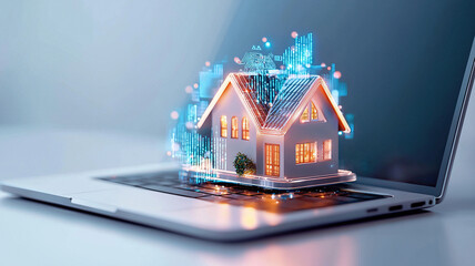 Digital representation of house emerging from laptop, symbolizing integration of technology in real estate. scene conveys innovation and modernity in property management