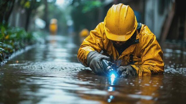 Worker in Flood: A diligent worker in protective gear, illuminates a flooded street, embodying resilience in the face of adversity. The scene is imbued with a sense of determination and service.