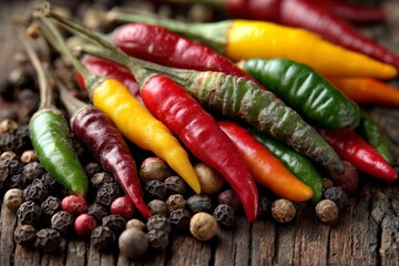 Colorful array of fresh chili peppers and spices on rustic wooden surface
