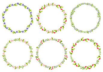 Set of watercolor wreaths of forest flowers and plants. Fairy tale, Northern folklore, Scandinavian style, folk art. Watercolor background, backdrop for poster, logo, postcard, invitation, label, etc.