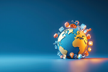 Vibrant globe surrounded by various marketing icons symbolizes global connectivity and digital communication. colorful icons represent different aspects of technology and marketing, creating