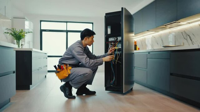 Professional technician repairs modern kitchen appliance with precision tools