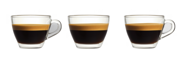 Espresso coffee in clear glass cups showcasing rich crema and dark brew, isolated on transparent background