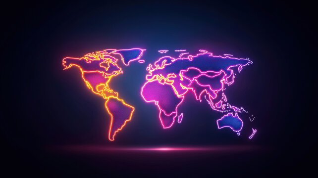 Vibrant holographic map of global marketing trends, showcasing colorful neon outlines of continents against dark background, creating modern and dynamic visual representation