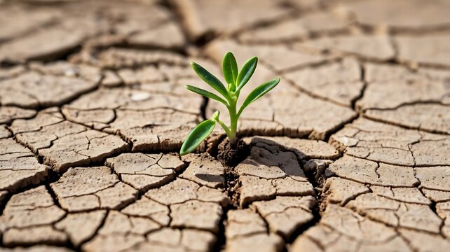 Green Plant Sprouting from Cracked Earth, Environmental Struggles, Close-Up View